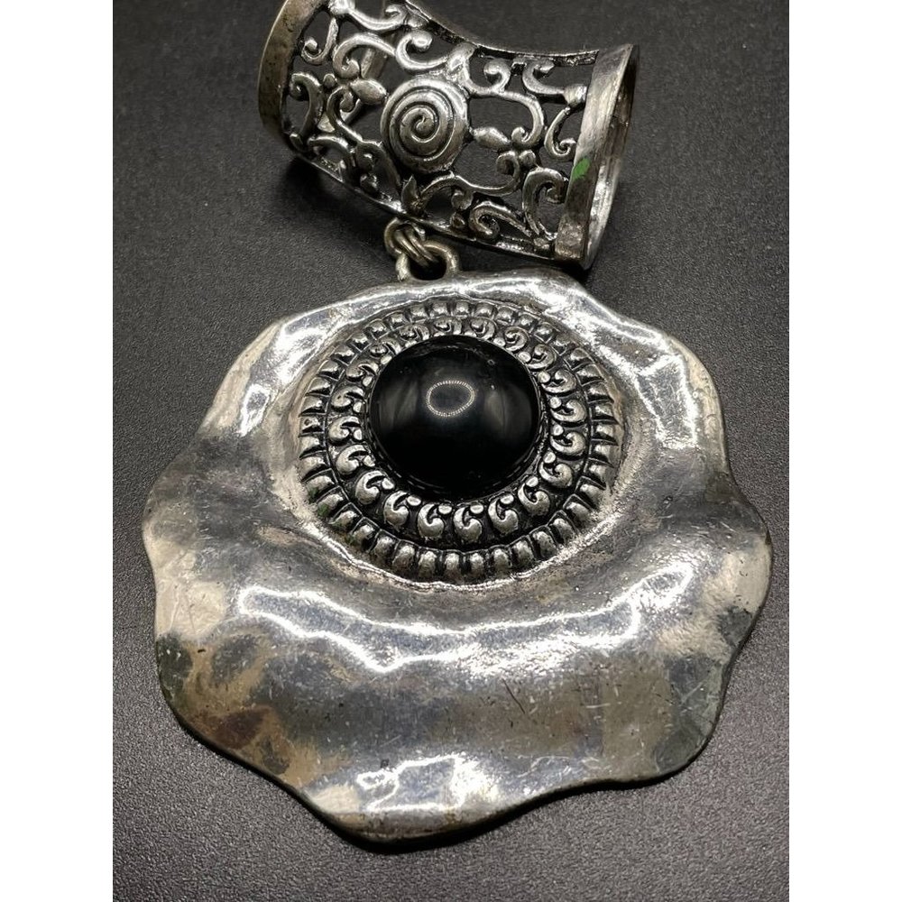SilverTone Faux Onyx Big Bulky Pendant Length 3.50 Inches
